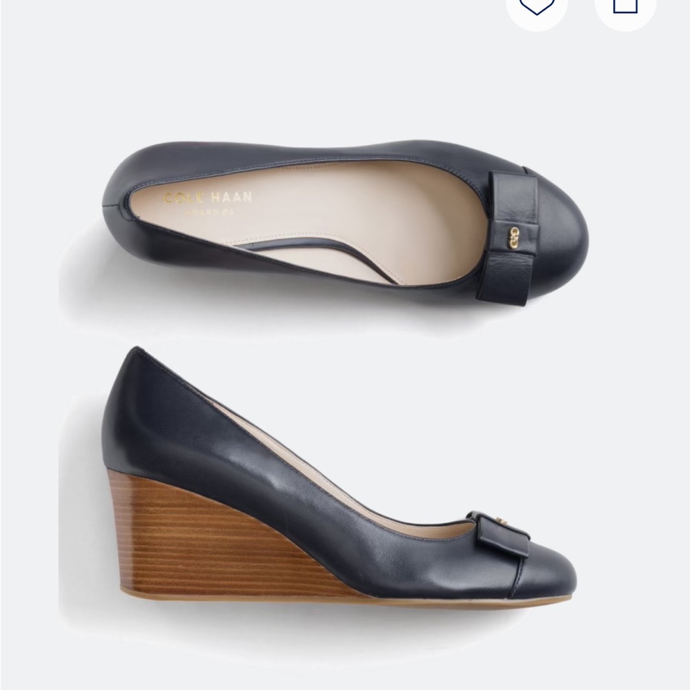 Cole Haan Women's Dark Blue Wedges with Bow-Addair Leather Bow Wedge Size 7.5